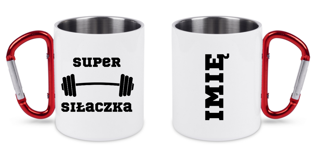 Kubek biały z czerwonym karabińczykiem i nadrukiem „Super Siłaczka” – na siłownię #2