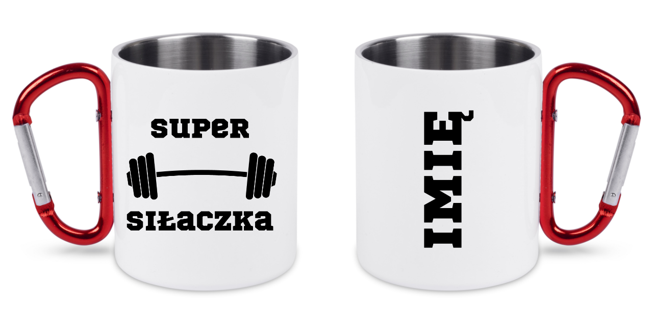 Kubek biały z czerwonym karabińczykiem i nadrukiem „Super Siłaczka” – na siłownię #2
