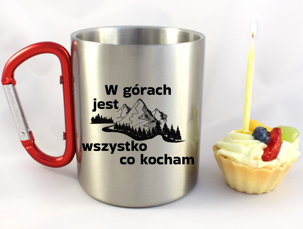 Kubek z czerwonym karabińczykiem i nadrukiem "W górach jest wszystko, co kocham" - góry #2