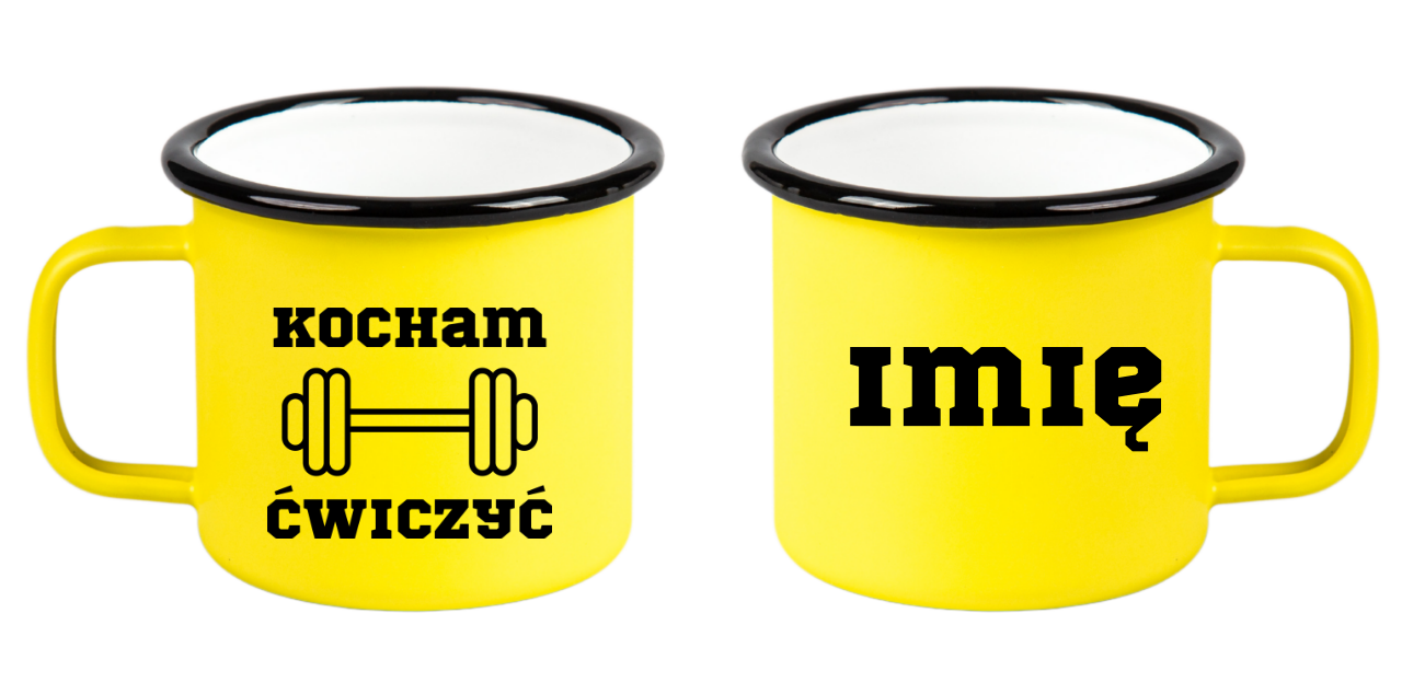 Kubek emaliowany żółty z nadrukiem „Kocham Ćwiczyć” – na siłownię #2