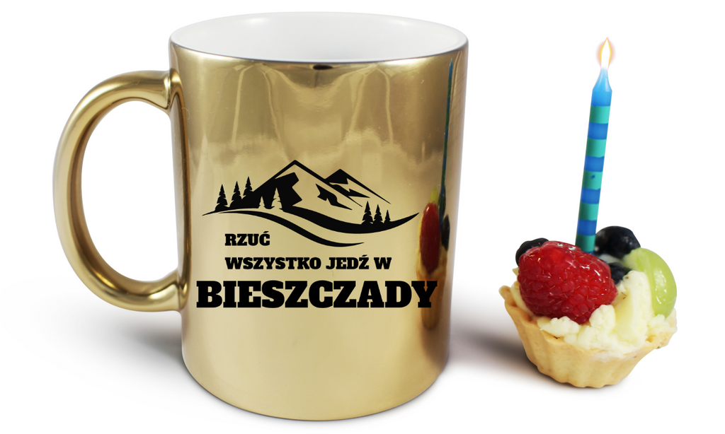 Kubek złoty z nadrukiem „Rzuć wszystko, jedź w Bieszczady” – góry #2