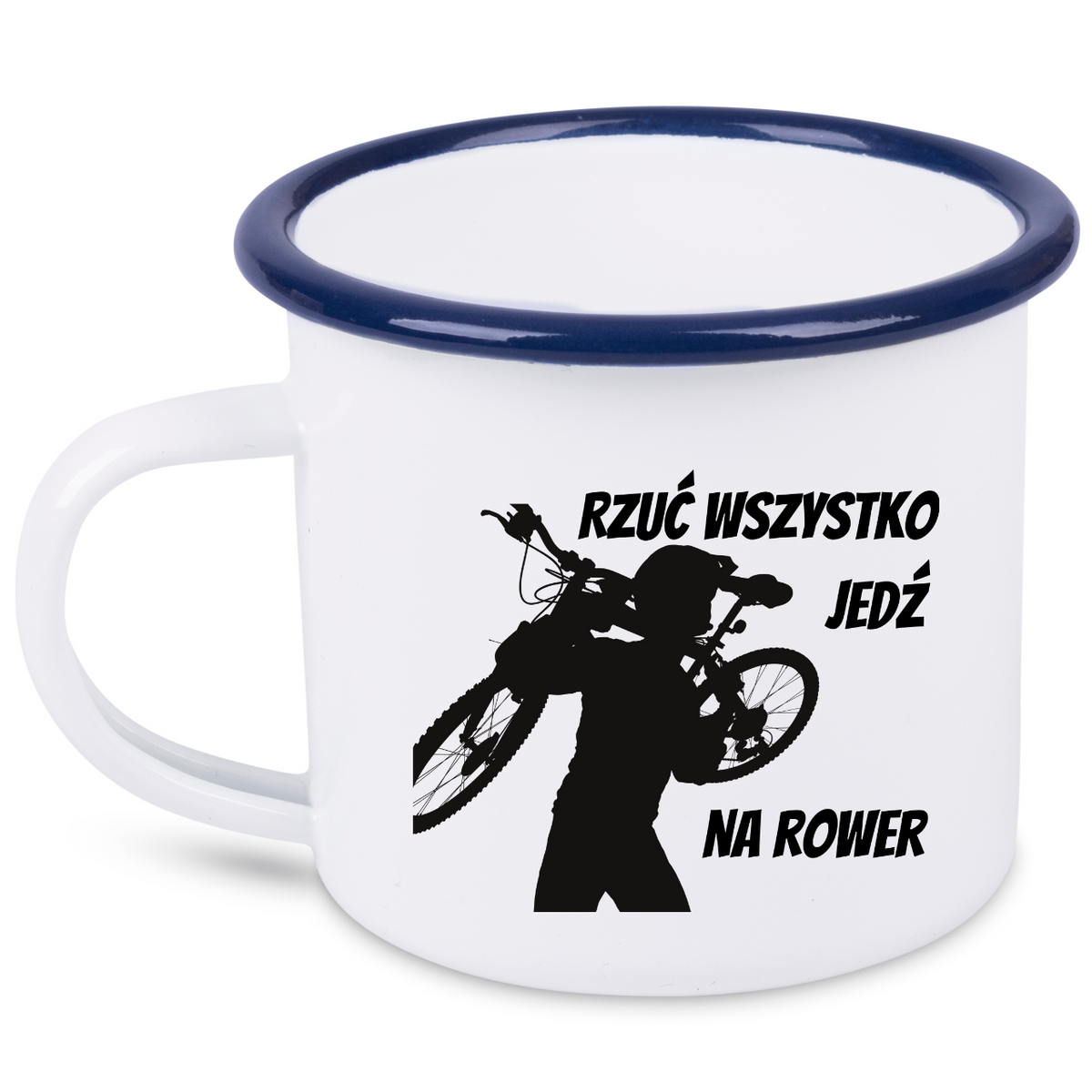 Kubek emaliowane biały z nadrukiem "Rzuć wszystko, jedź na rower" - dla rowerzystów #1