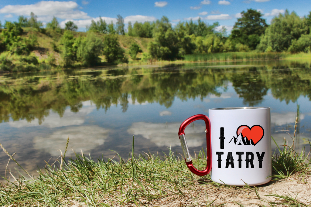 Kubek biały z czerwonym karabińczykiem, nadruk „I love Tatry” – góry #10
