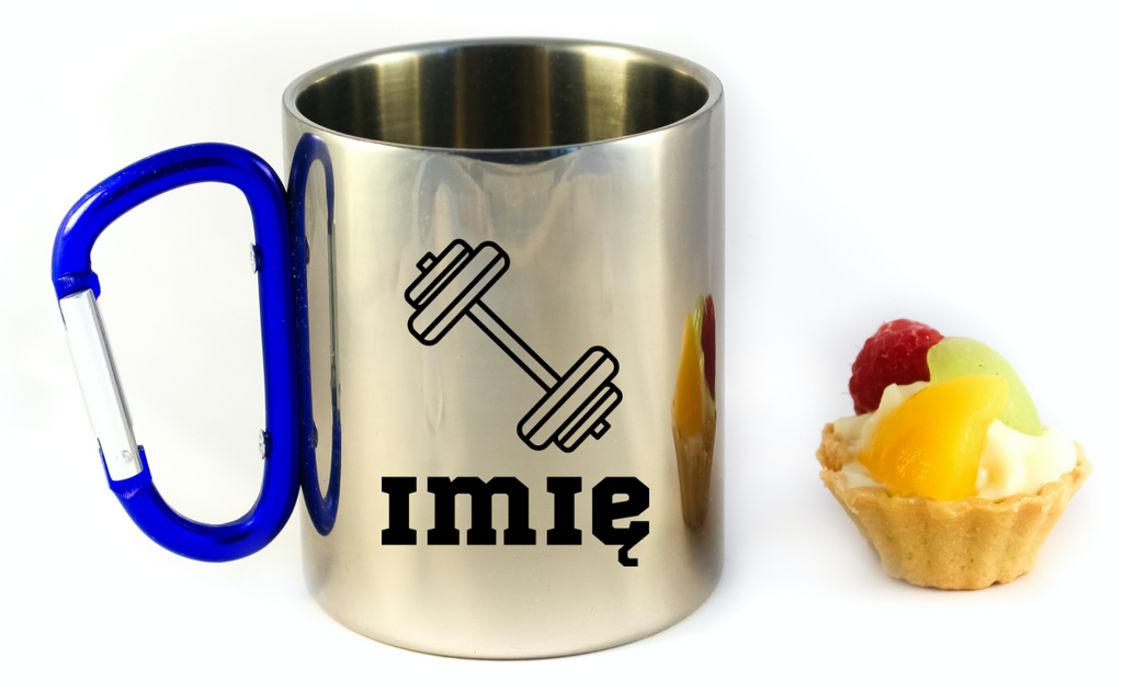 Kubek z niebieskim karabińczykiem i nadrukiem hantli oraz imieniem do wyboru – siłownia #4