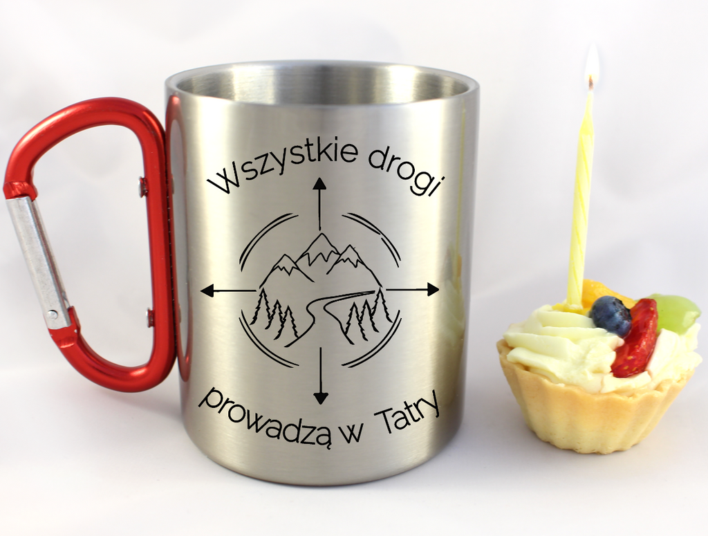 Kubek z czerwonym karabińczykiem i nadrukiem "Wszystkie drogi prowadzą w Tatry" - Zakopane, Podhale, góry #6