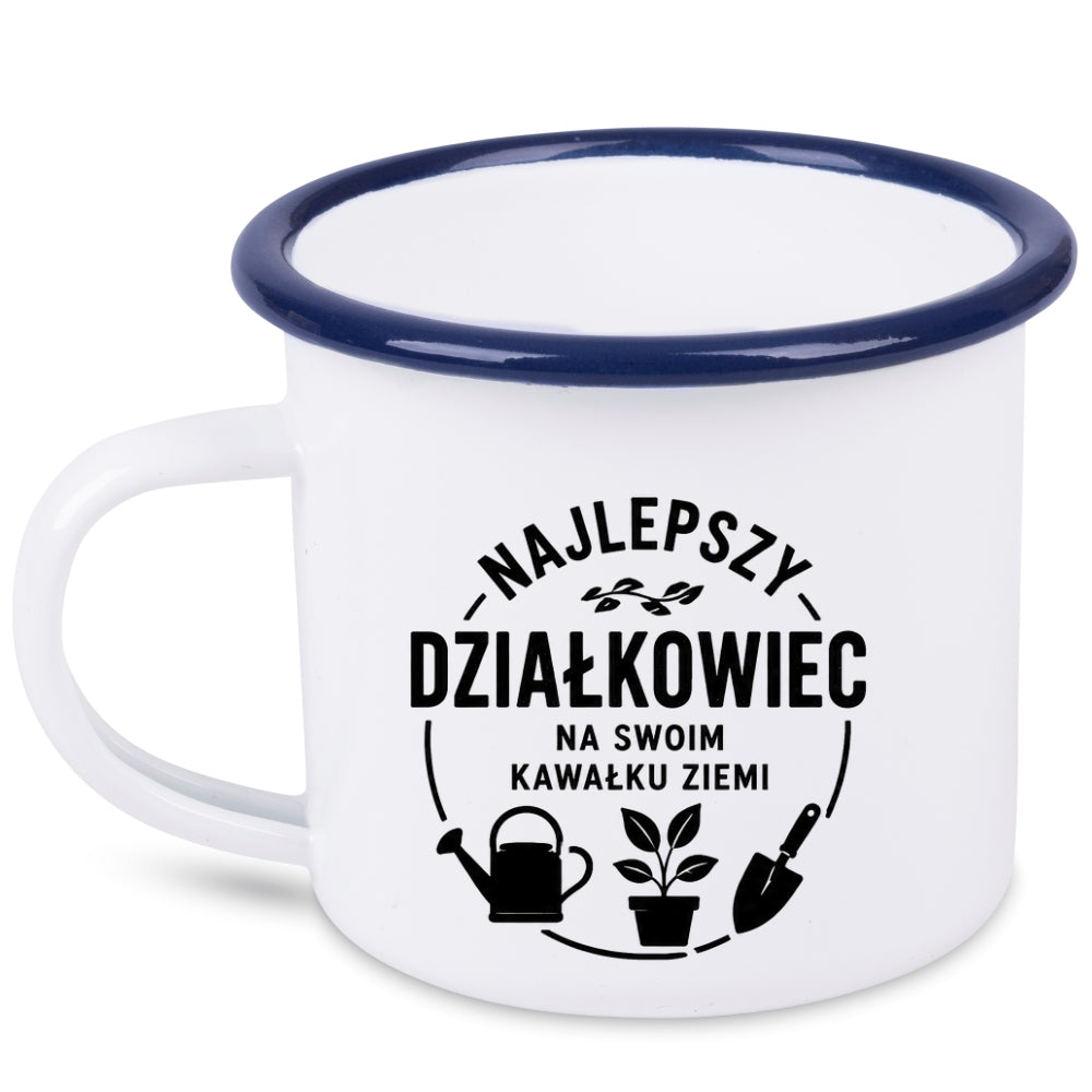 Kubek emaliowany biały z nadrukiem „Najlepszy działkowiec na swoim kawałku ziemi” – ogród, działka #9