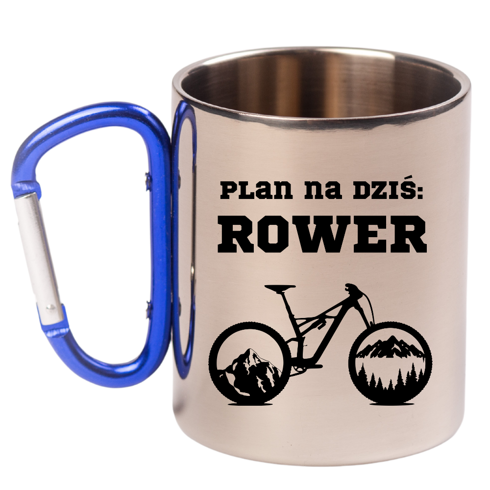 Kubek z niebieskim karabińczykiem, nadruk "Plan na dziś: rower" – dla rowerzysty #9
