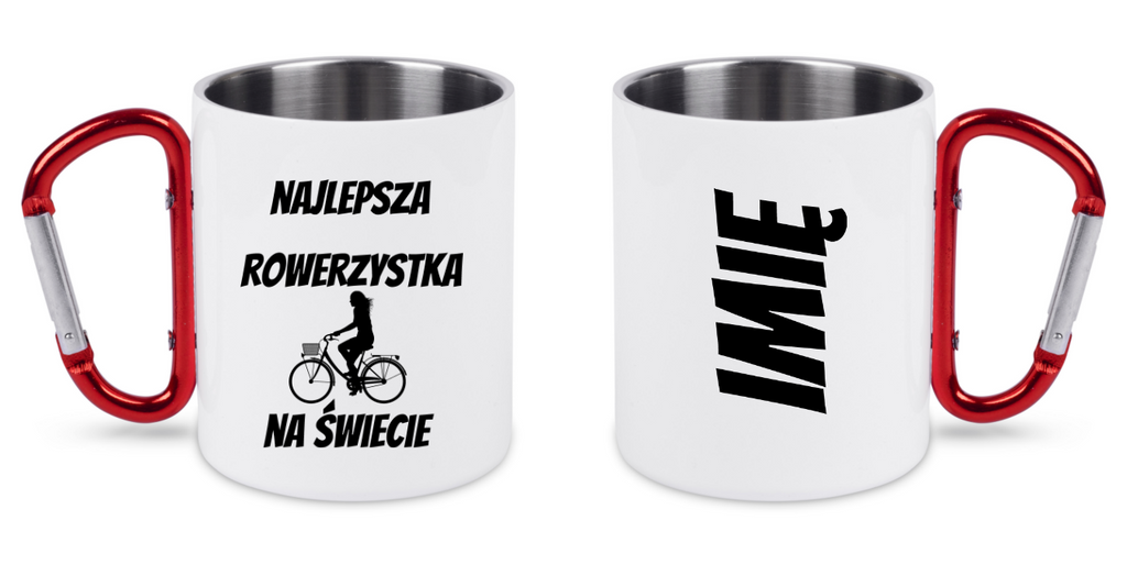 Kubek biały z czerwonym karabińczykiem i nadrukiem "Najlepsza rowerzystka na świecie" – dla rowerzystki #7