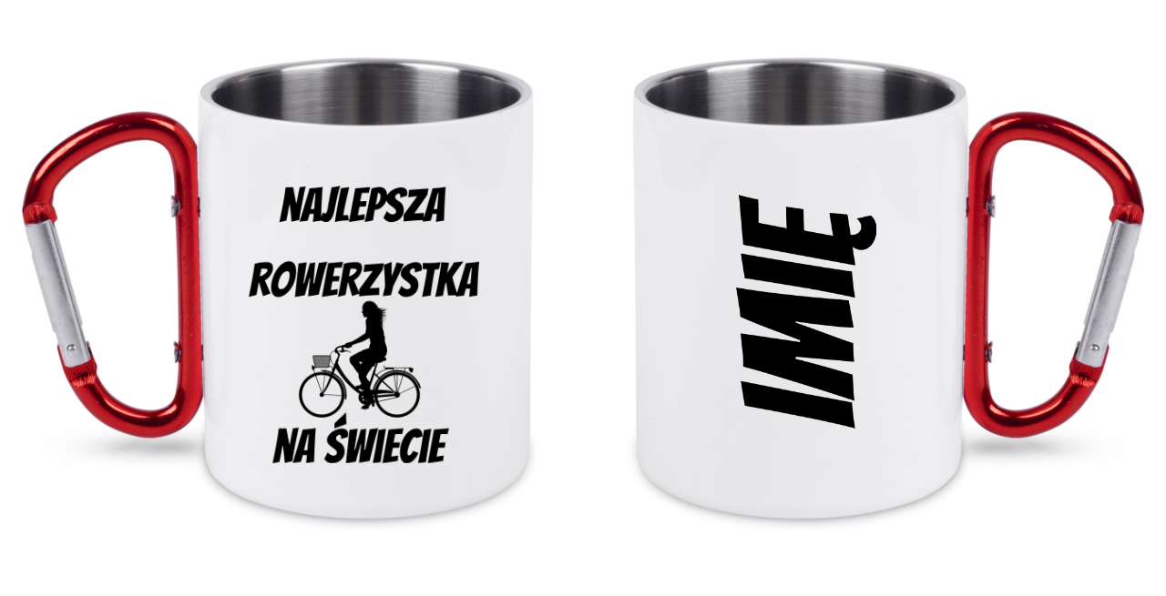 Kubek biały z czerwonym karabińczykiem i nadrukiem "Najlepsza rowerzystka na świecie" – dla rowerzystki #7
