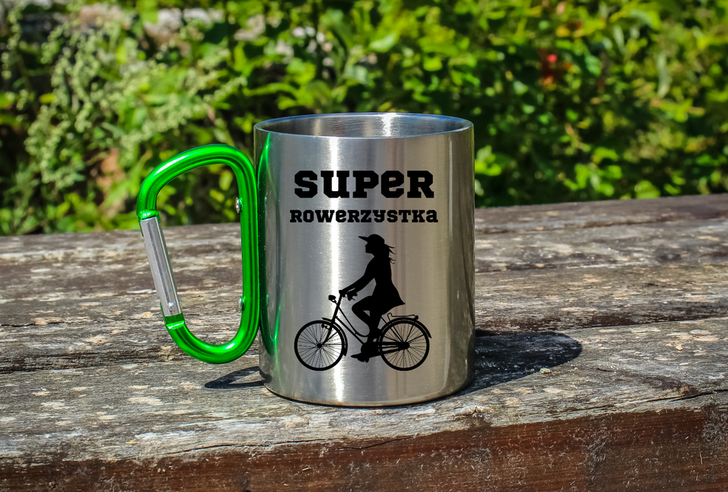 Kubek z zielonym karabińczykiem nadruk "Super Rowerzystka" – rower #7