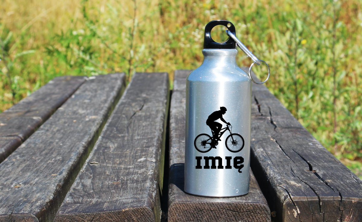 Butelka srebrna 400 ml z grafiką rowerową i imieniem do wyboru – dla rowerzysty #5