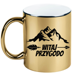 Kubek złoty z nadrukiem „Witaj przygodo” – camping, podróże #11