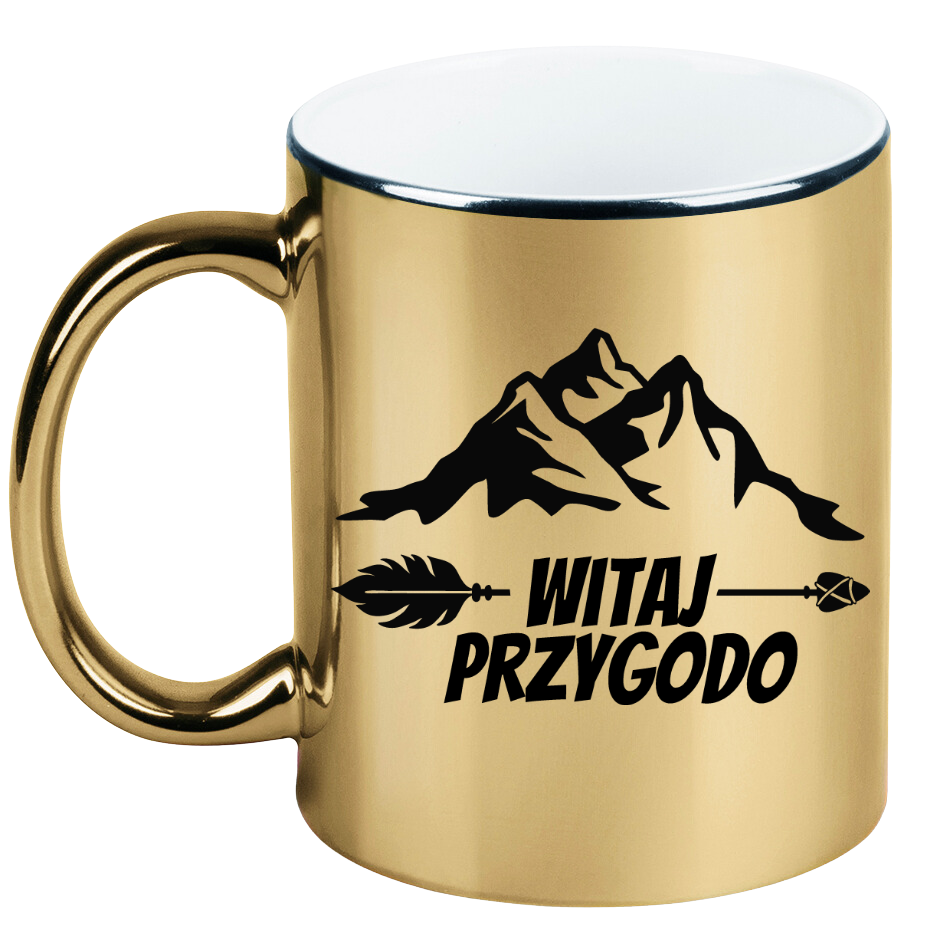 Kubek złoty z nadrukiem „Witaj przygodo” – camping, podróże #11