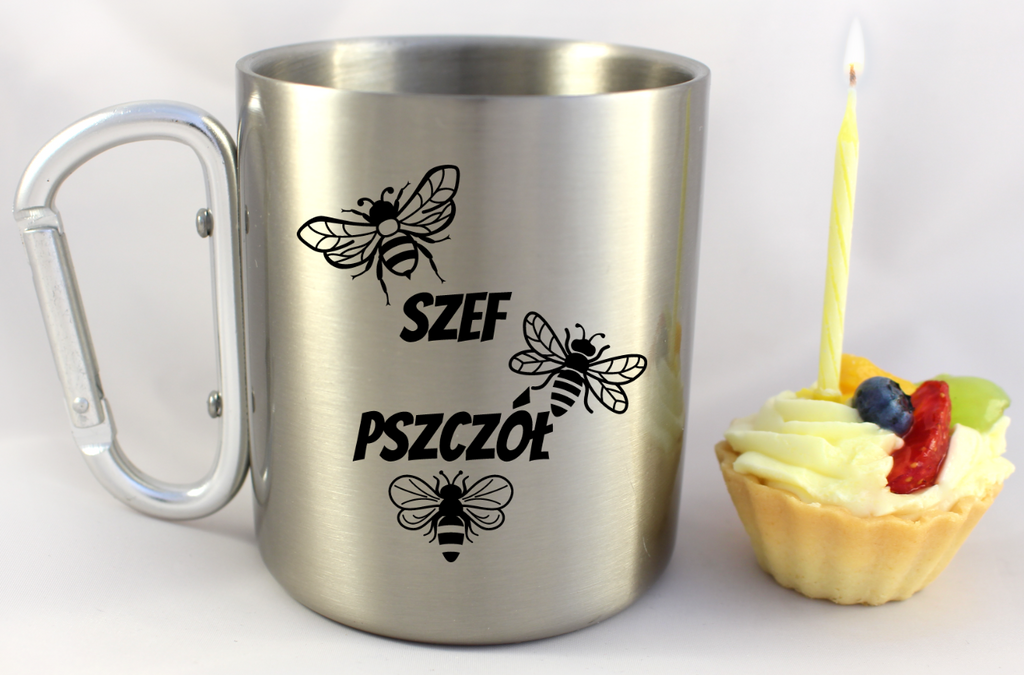Kubek metalowy ze srebrnym karabińczykiem i nadrukiem "Szef pszczół" #3