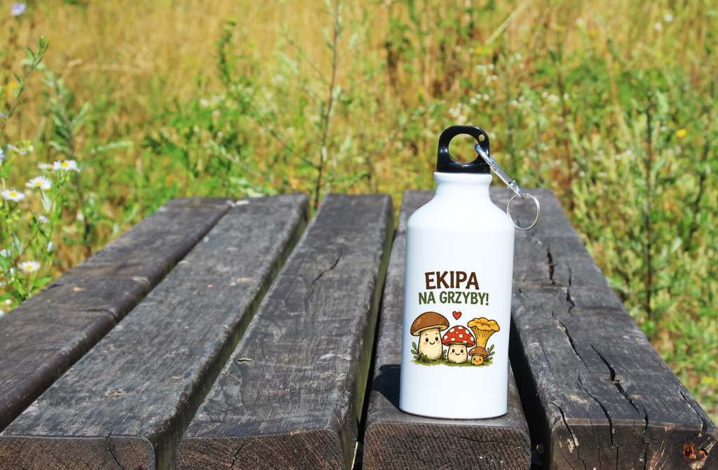 Butelka biała 400 ml z nadrukiem „Ekipa na grzyby” z grafiką grzybów #11