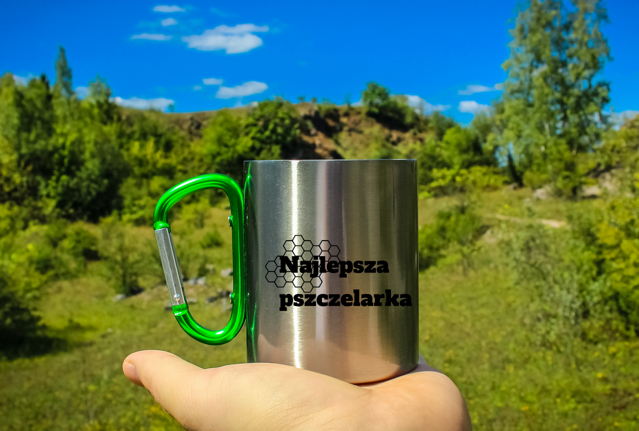 Kubek srebrny 300 ml z zielonym karabińczykiem i nadrukiem „Najlepsza pszczelarka” #6