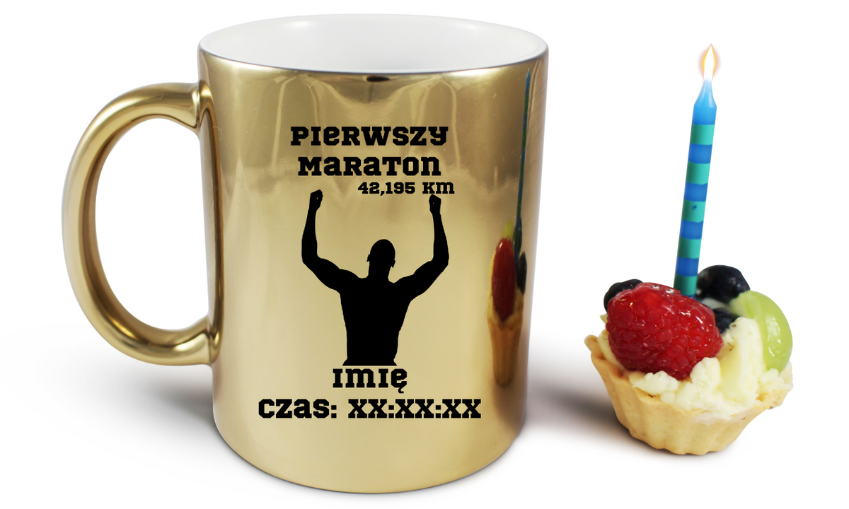 Kubek złoty – pamiątka po pierwszym maratonie + imię i czas – bieganie #10