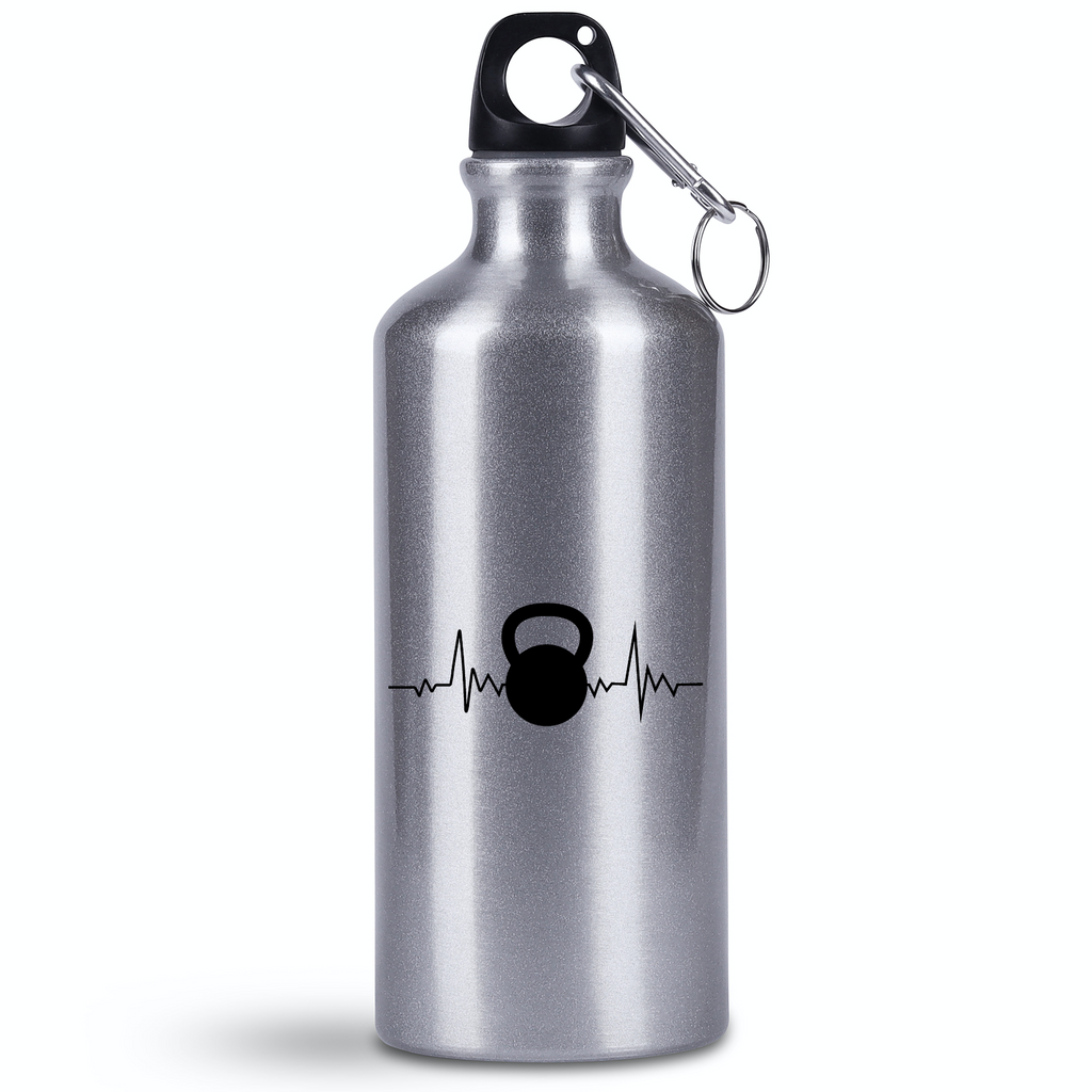Butelka srebrna 500 ml z grafiką kettlebella i linią życia – na siłownię #4