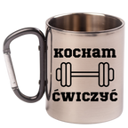 Kubek czarny karabińczyk z nadrukiem "Kocham Ćwiczyć" – siłownia #2