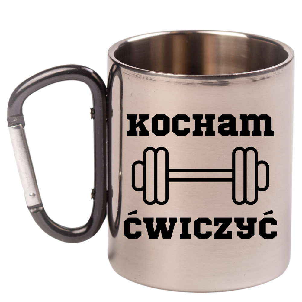 Kubek czarny karabińczyk z nadrukiem "Kocham Ćwiczyć" – siłownia #2