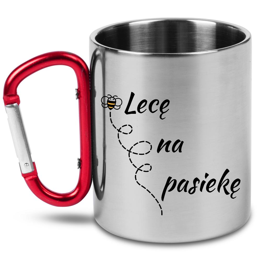 Kubek czerwony karabińczykiem z nadrukiem "Lecę na pasiekę" #8