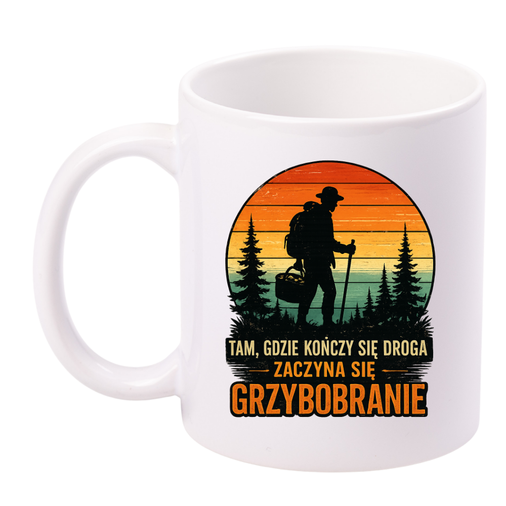 Kubek biały z nadrukiem „Ta, gdzie kończy się zaczyna grzybobranie” – grzyby, las #10