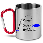 Kubek z czerwonym karabińczykiem i nadrukiem "Kubek Super Wędkarza" - wędkarstwo #1