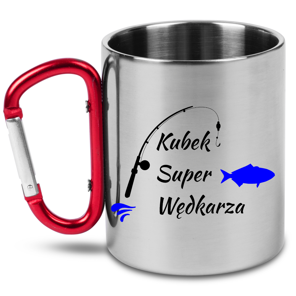 Kubek z czerwonym karabińczykiem i nadrukiem "Kubek Super Wędkarza" - wędkarstwo #1