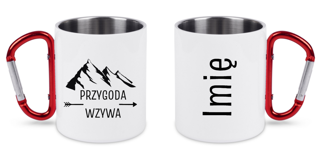 Kubek biały z czerwonym karabińczykiem, nadruk „Przygoda wzywa” - podróż, przygody #3