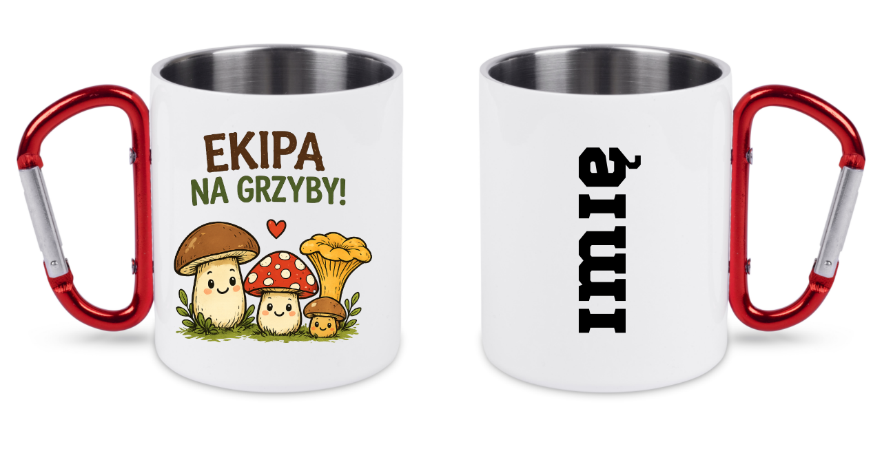 Kubek biały z czerwonym karabińczykiem „Ekipa na grzyby” –  #11