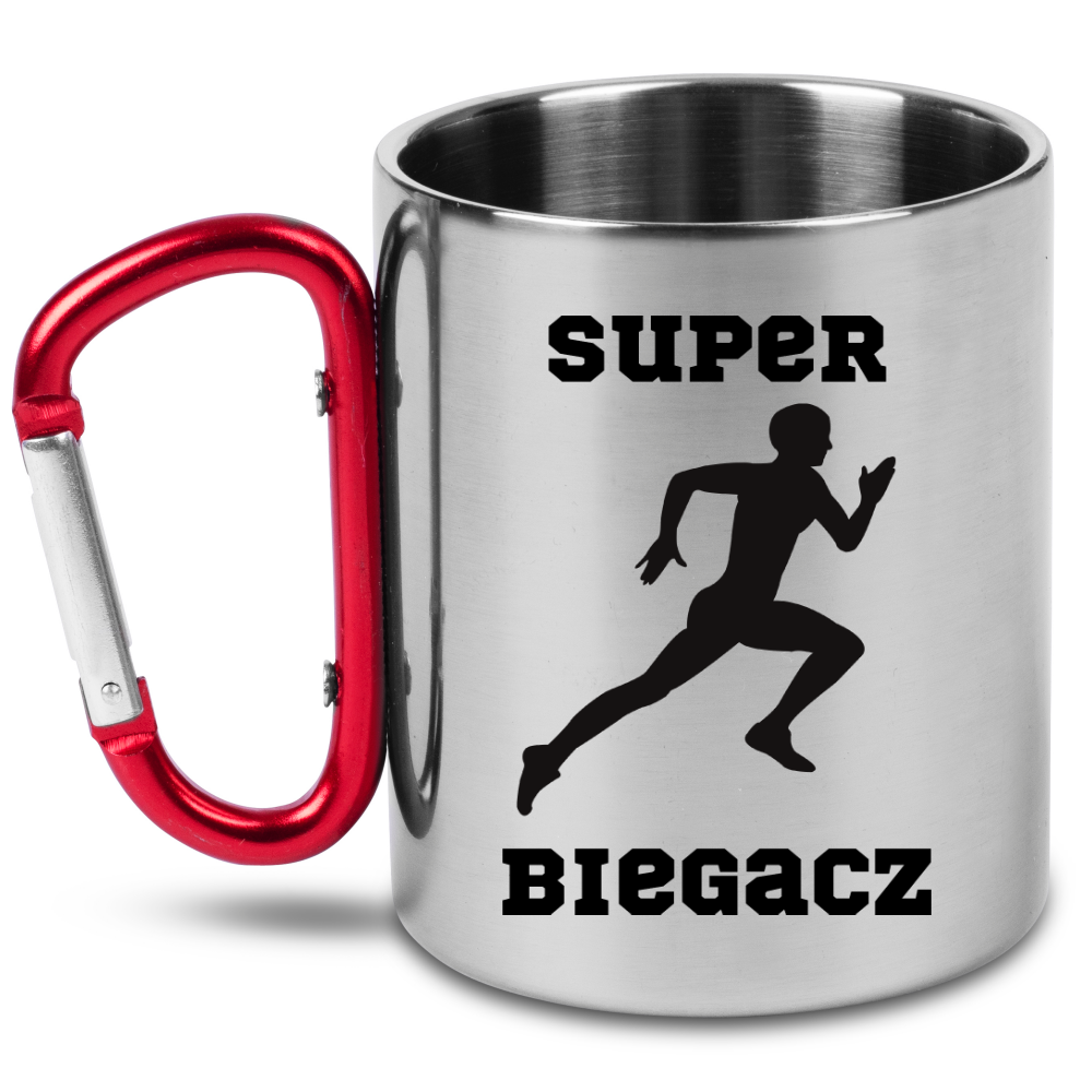 Kubek z czerwonym karabińczykiem nadruk "Super Biegacz" – bieganie #7