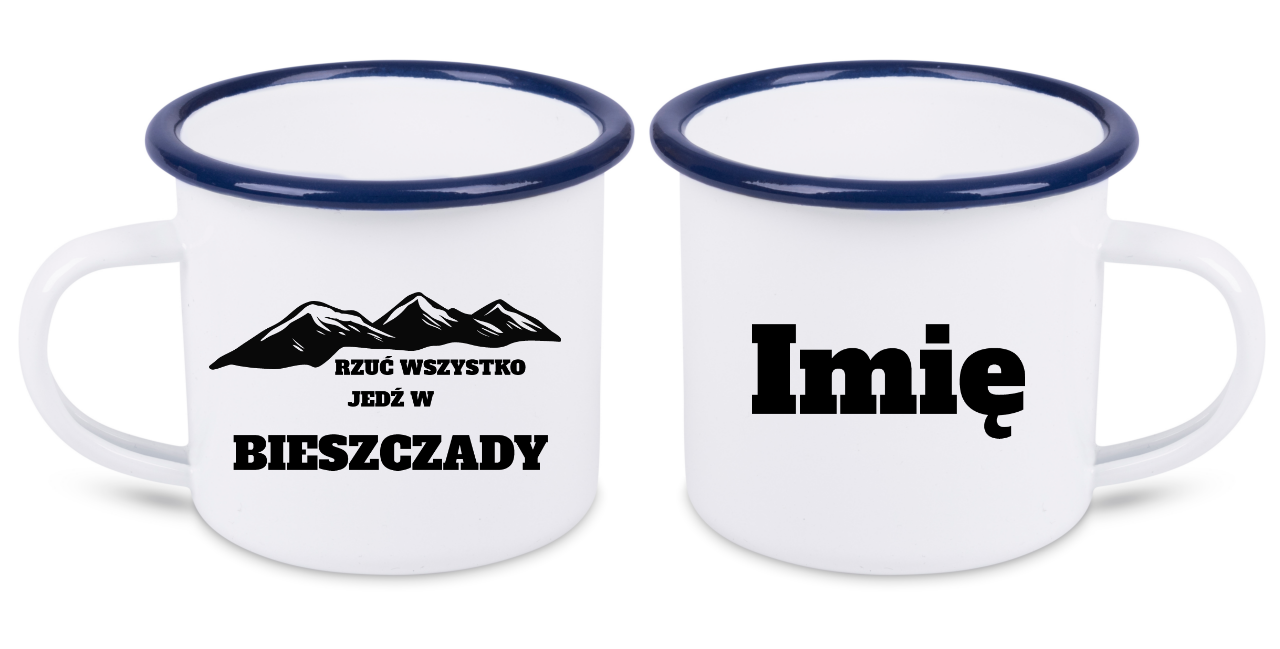 Kubek biały emaliowany z nadrukiem "Rzuć wszystko, jedź w Bieszczady" - góry #2
