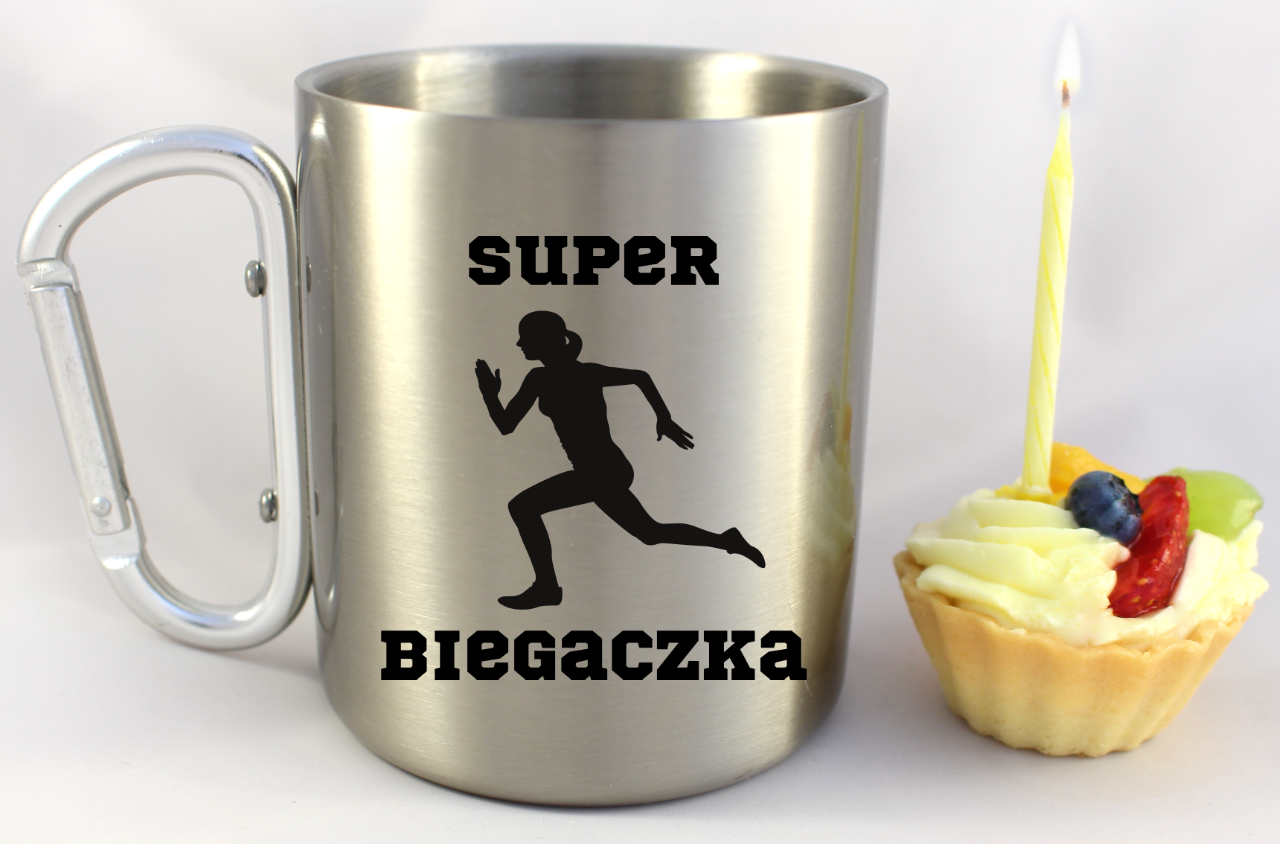 Kubek ze srebrnym karabińczykiem – z nadrukiem "Super Biegaczka" – bieganie #8