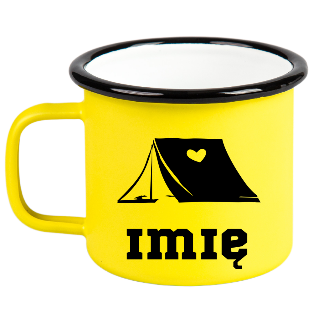 Kubek emaliowany żółty z grafiką namiotu i imieniem do wyboru – camping, pod namiot #4