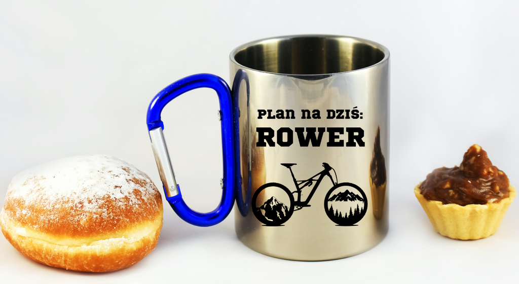Kubek z niebieskim karabińczykiem, nadruk "Plan na dziś: rower" – dla rowerzysty #9