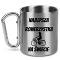 Kubek ze srebrnym karabińczykiem z nadrukiem "Najlepsza rowerzystka na świecie" – dla rowerzystki #8