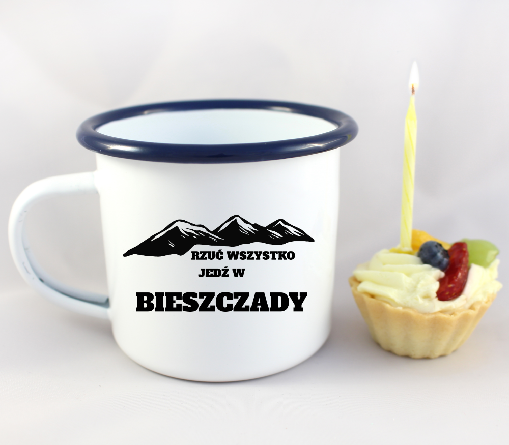 Kubek biały emaliowany z nadrukiem "Rzuć wszystko, jedź w Bieszczady" - góry #2