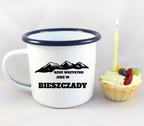 Kubek biały emaliowany z nadrukiem "Rzuć wszystko, jedź w Bieszczady" - góry #2