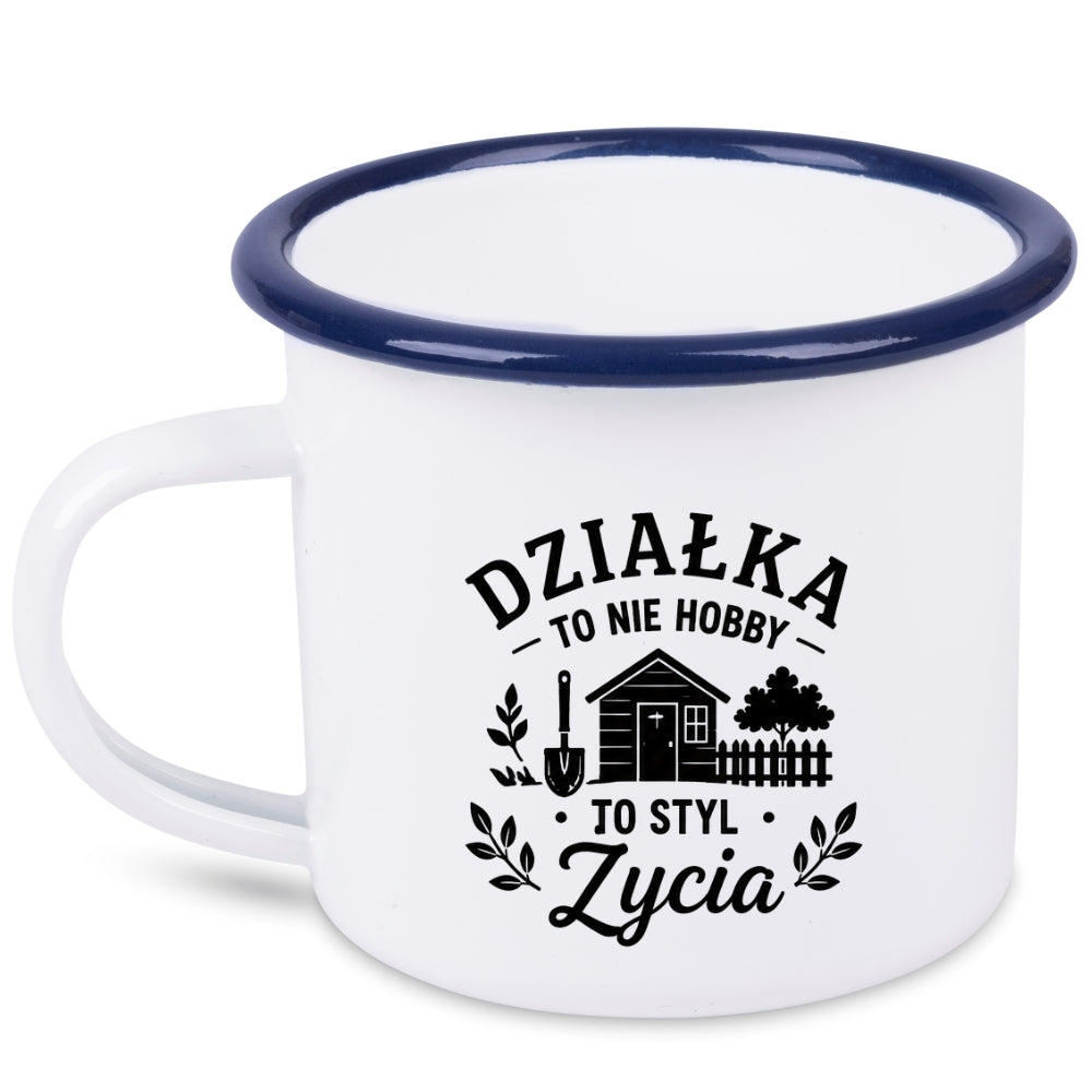 Kubek emaliowany biały z nadrukiem „Działka to nie hobby, to styl życia” – ogród, działka #8