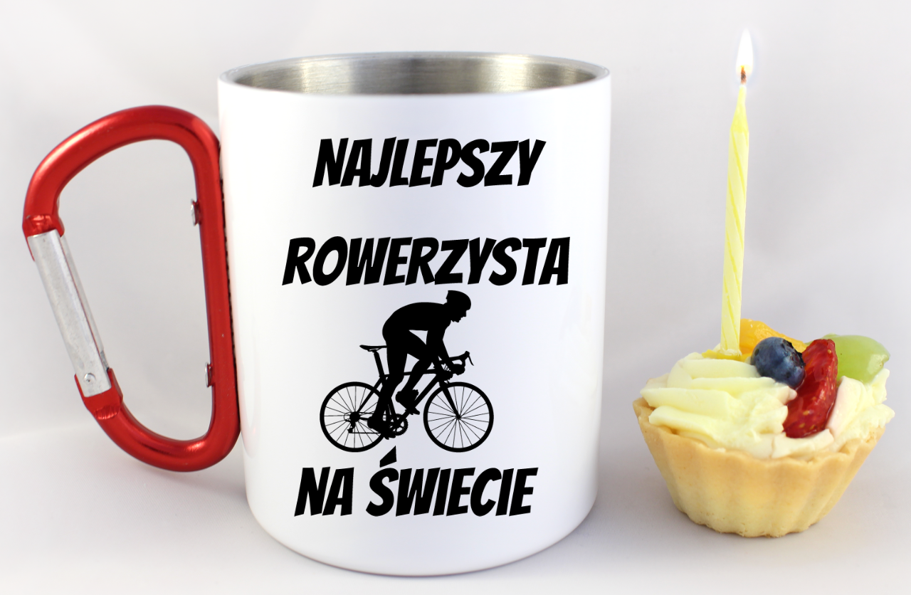 Kubek biały z czerwonym karabińczykiem i nadrukiem "Najlepszy rowerzysta na świecie" – dla rowerzysty #11
