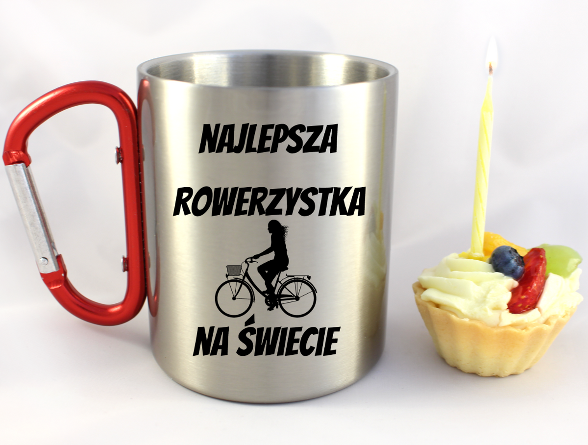 Kubek z czerwonym karabińczykiem i nadrukiem "Najlepsza rowerzystka na świecie" – dla rowerzystki #7