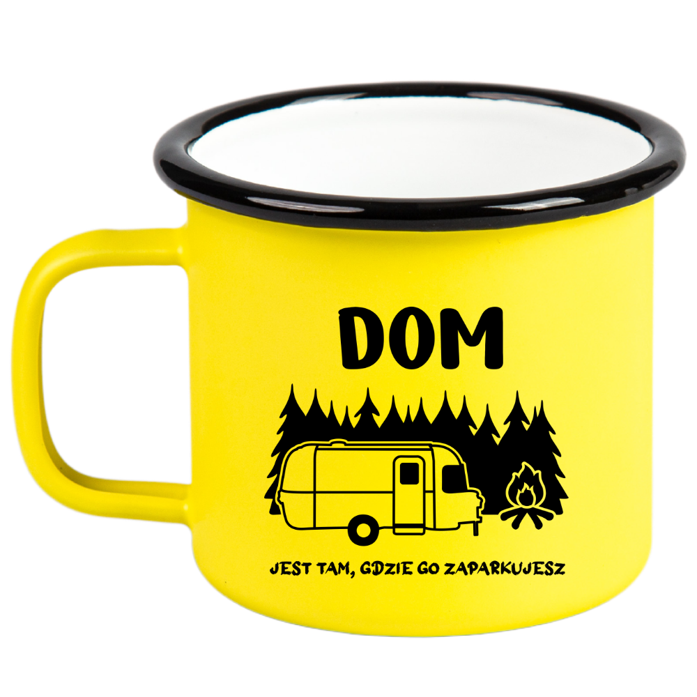 Kubek emaliowany żółty z nadrukiem „Dom jest tam, gdzie go zaparkujesz” – camping, pod namiot #6