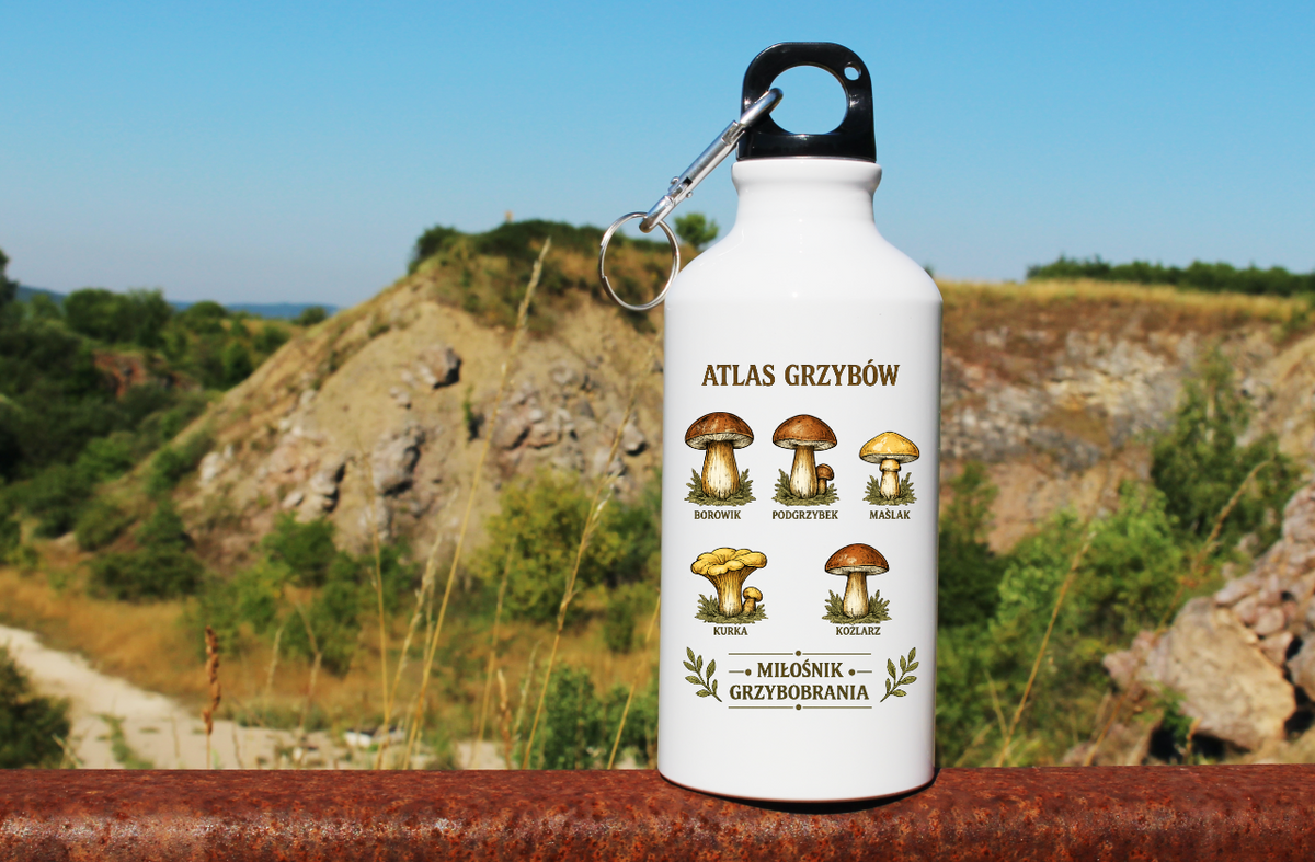 Butelka biała 400 ml z nadrukiem „Atlas Grzybów”– na grzyby #7