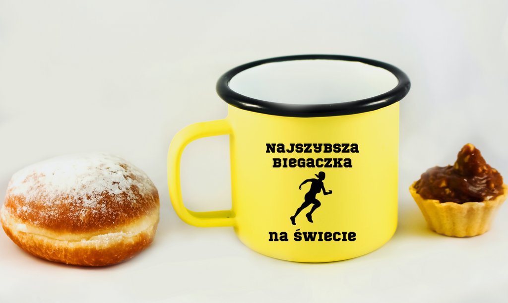 Kubek emaliowany żółty z nadrukiem "Najszybsza Biegaczka na Świecie" – bieganie #3