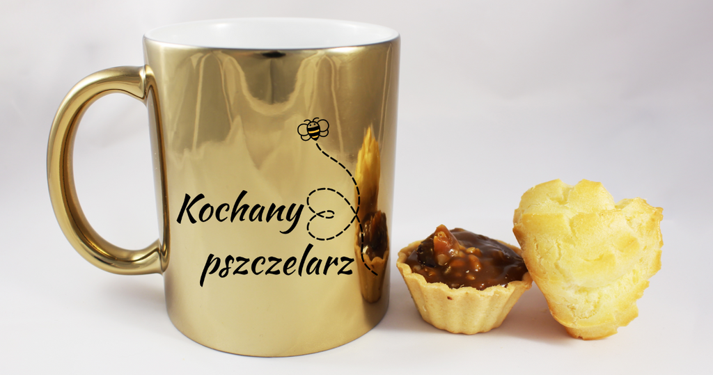 Kubek złoty z nadrukiem „Kochany pszczelarz” – pszczelarstwo #6