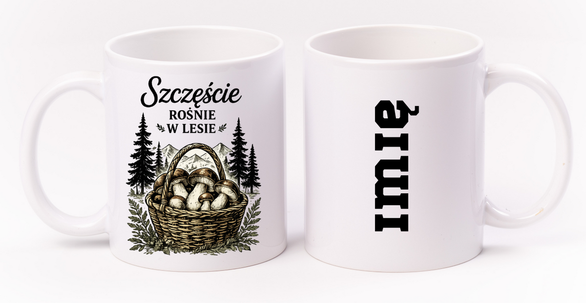 Kubek biały z nadrukiem „Szczęście rośnie w lesie” – grzyby #8