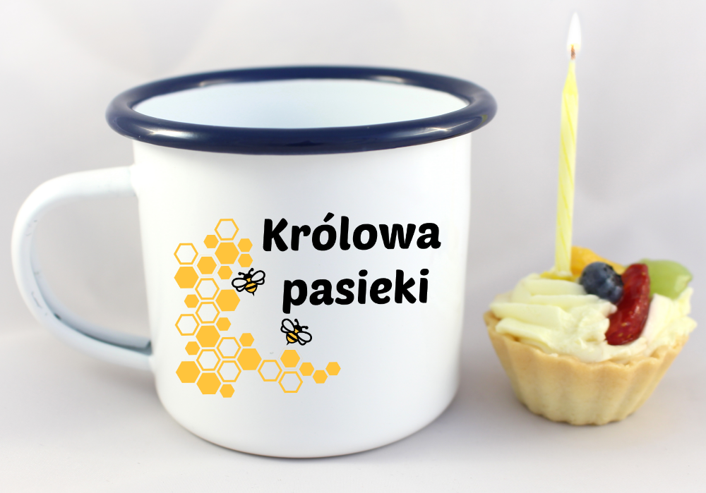 Kubek emaliowany biały z nadrukiem „Królowa pasieki” – pszczelarstwo #9