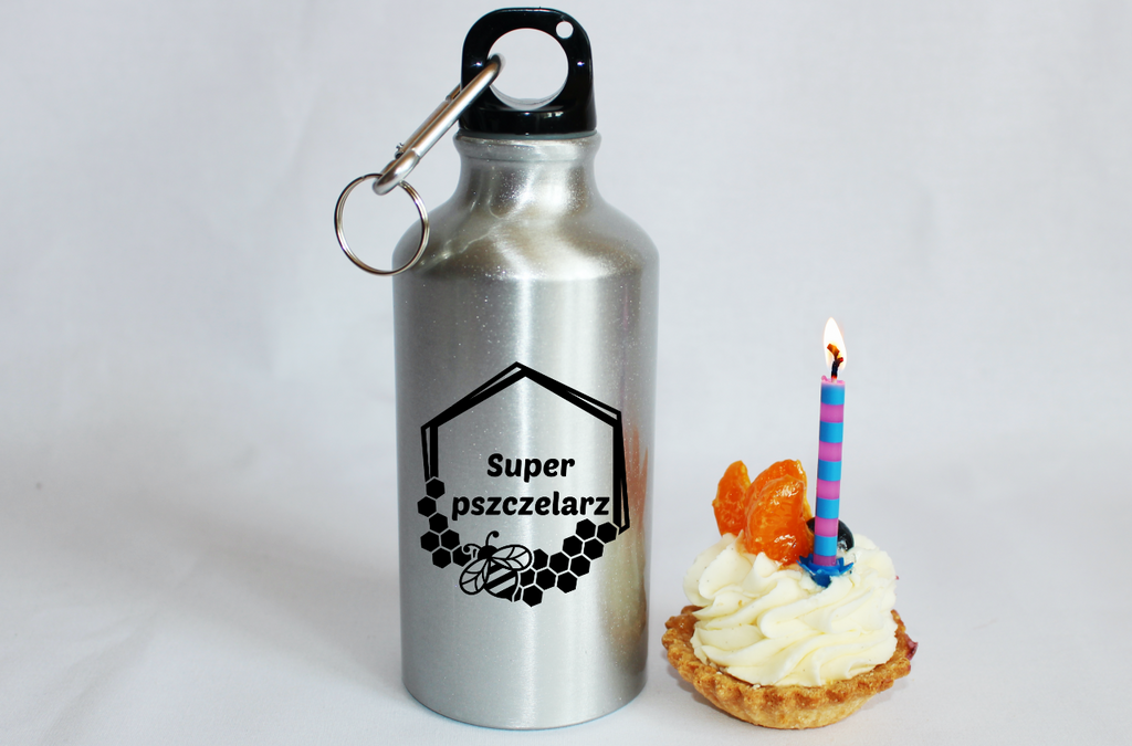 Butelka srebrna 400 ml z nadrukiem „Super pszczelarz” – pszczelarstwo #9