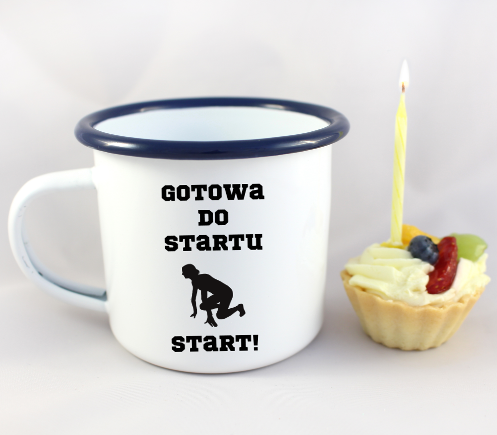 Kubek emaliowany dla biegaczki – z nadrukiem "Gotowa do startu start!" – bieganie #5