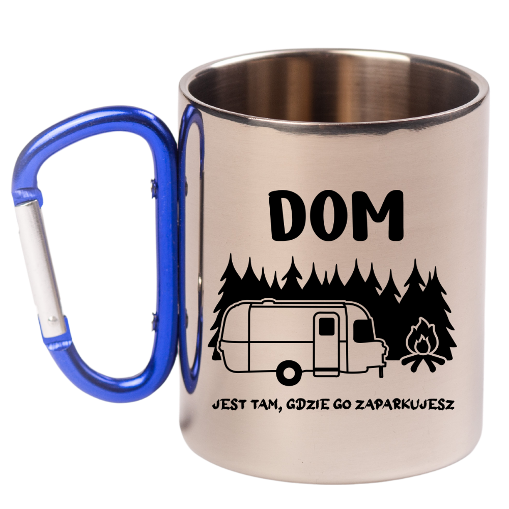Kubek z niebieskim karabińczykiem i nadrukiem „Dom jest tam, gdzie go zaparkujesz” – camping, camper #6